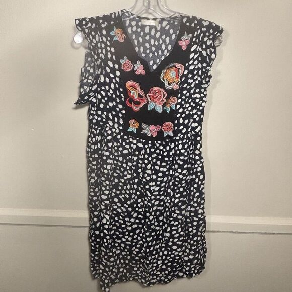 Kirundo Women's Ruffle Sleeve Embroidered Chest Animal Print Dress Size Small - Picture 1 of 11